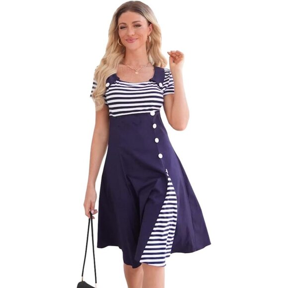 Women's Vintage Pin Up A Line Stripes Sailor Dress Cotton Polyester Spandex - Picture 1 of 7